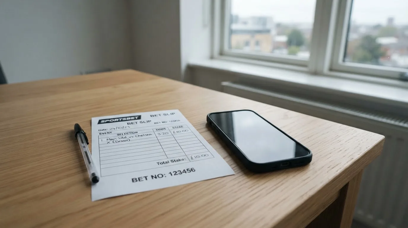 Ein leerer Papier-Wettschein und ein Kugelschreiber liegen neben einem Smartphone mit dunklem Display auf einem Schreibtisch am Fenster.