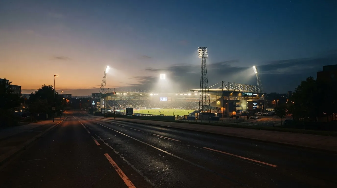 Ein Stadion unter Flutlicht aus großer Entfernung, davor eine leere Straße in der Abenddämmerung.