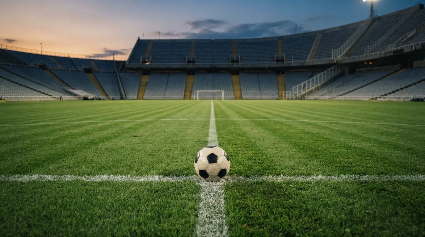 Ein Fußball liegt auf dem Anstoßpunkt eines Rasenplatzes, dahinter eine leere Tribüne im Abendlicht.