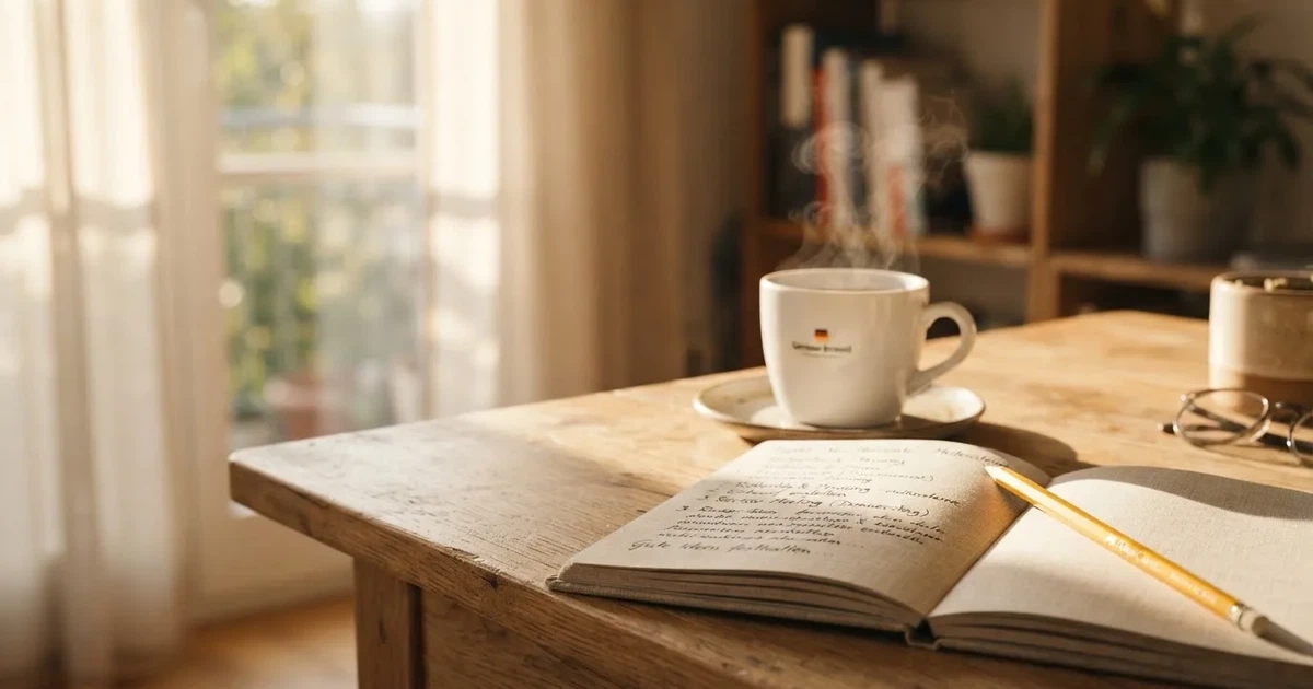Eine Kaffeetasse, ein Notizbuch mit handschriftlichen Notizen und ein Bleistift auf einem hellen Schreibtisch am Morgen.
