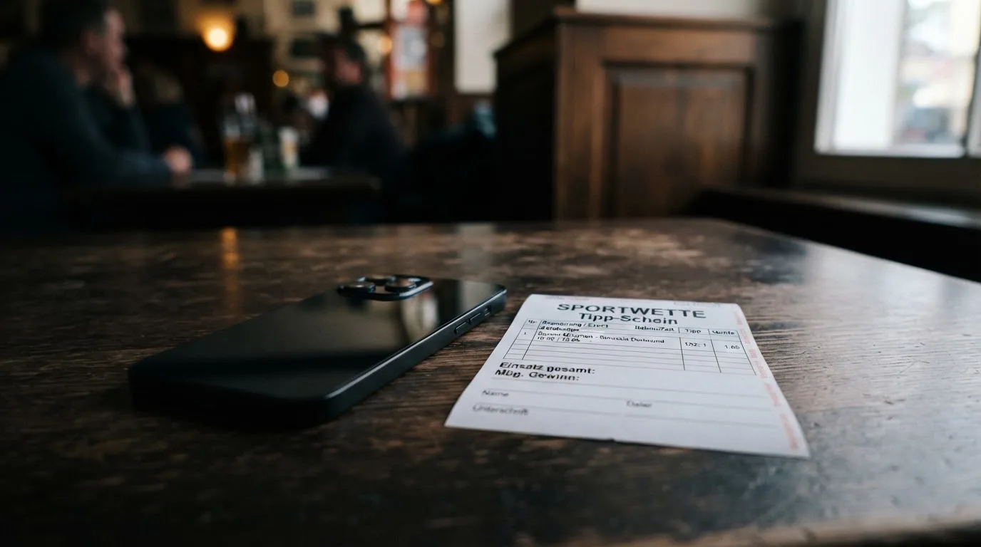 Ein Smartphone mit dunklem Display liegt neben einem leeren Papier-Wettschein auf einem Holztisch, Licht fällt von der Seite.