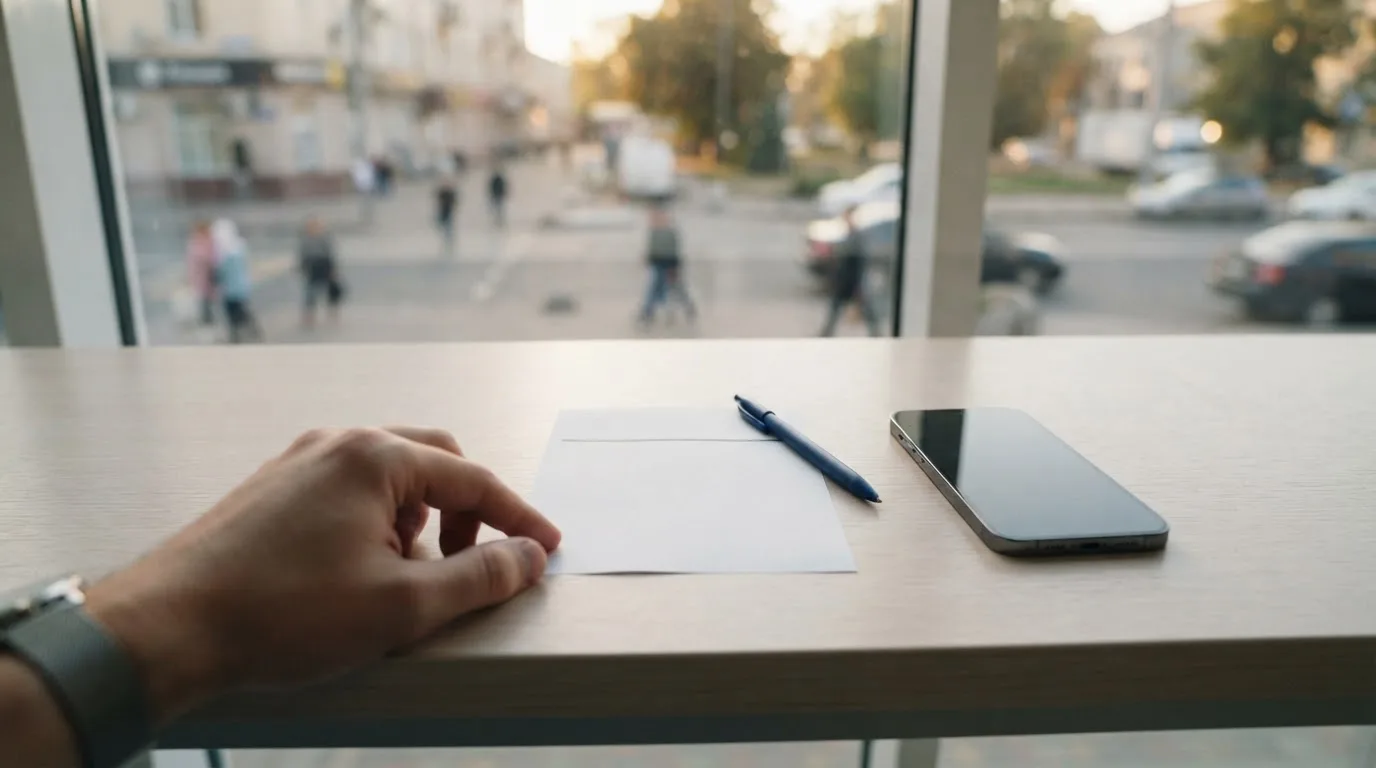 Ein leerer Papier-Wettschein und ein Kugelschreiber liegen neben einem Smartphone mit dunklem Display auf einem Schreibtisch am Fenster.