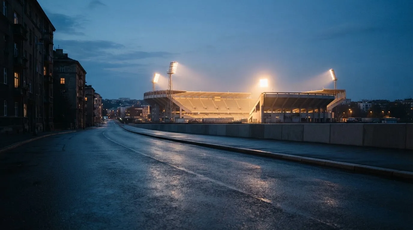 Ein Stadion unter Flutlicht aus großer Entfernung, davor eine leere Straße in der Abenddämmerung.