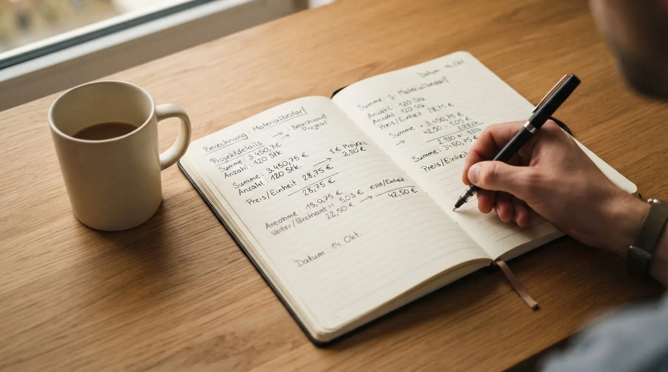 Ein Notizbuch mit handschriftlichen Notizen und ein Taschenrechner stehen auf einem Schreibtisch, daneben eine Tasse.