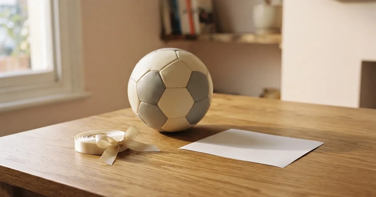 Ein kleines Geschenkband liegt neben einem Fußball und einem leeren Papier-Wettschein auf einem Holztisch im Tageslicht.