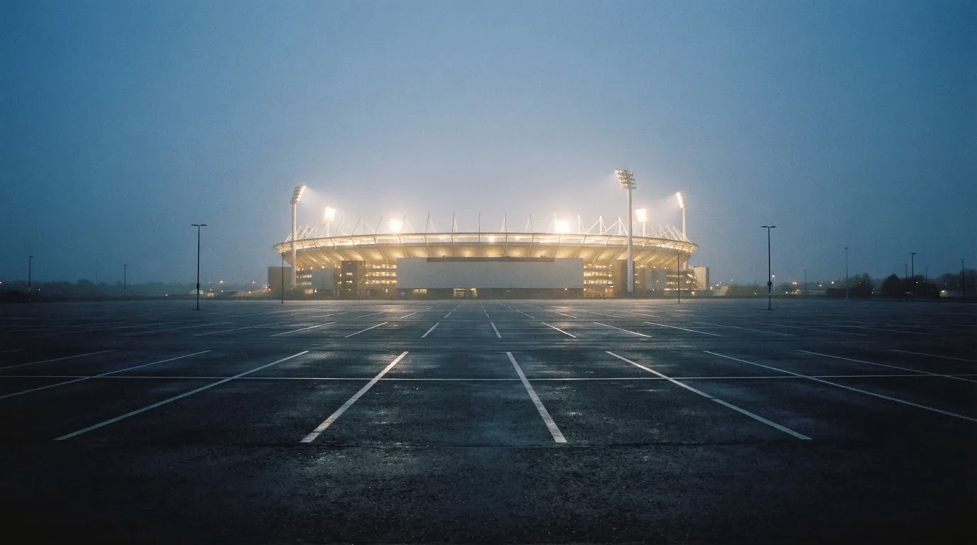 Ein Stadion unter Flutlicht aus der Ferne gesehen, davor ein leerer Parkplatz im Dunst.