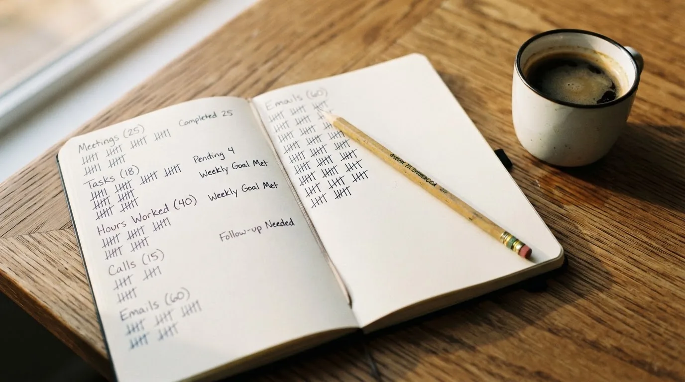 Ein Notizbuch mit handgeschriebenen Strichlisten liegt neben einem Bleistift und einer Kaffeetasse auf einem Holztisch.