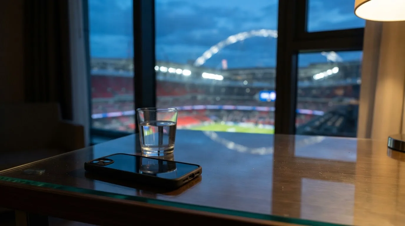 Ein Smartphone mit dunklem Display liegt auf einem Schreibtisch neben einem Glas Wasser, im Fenster dahinter ein Stadion im Dämmerlicht.