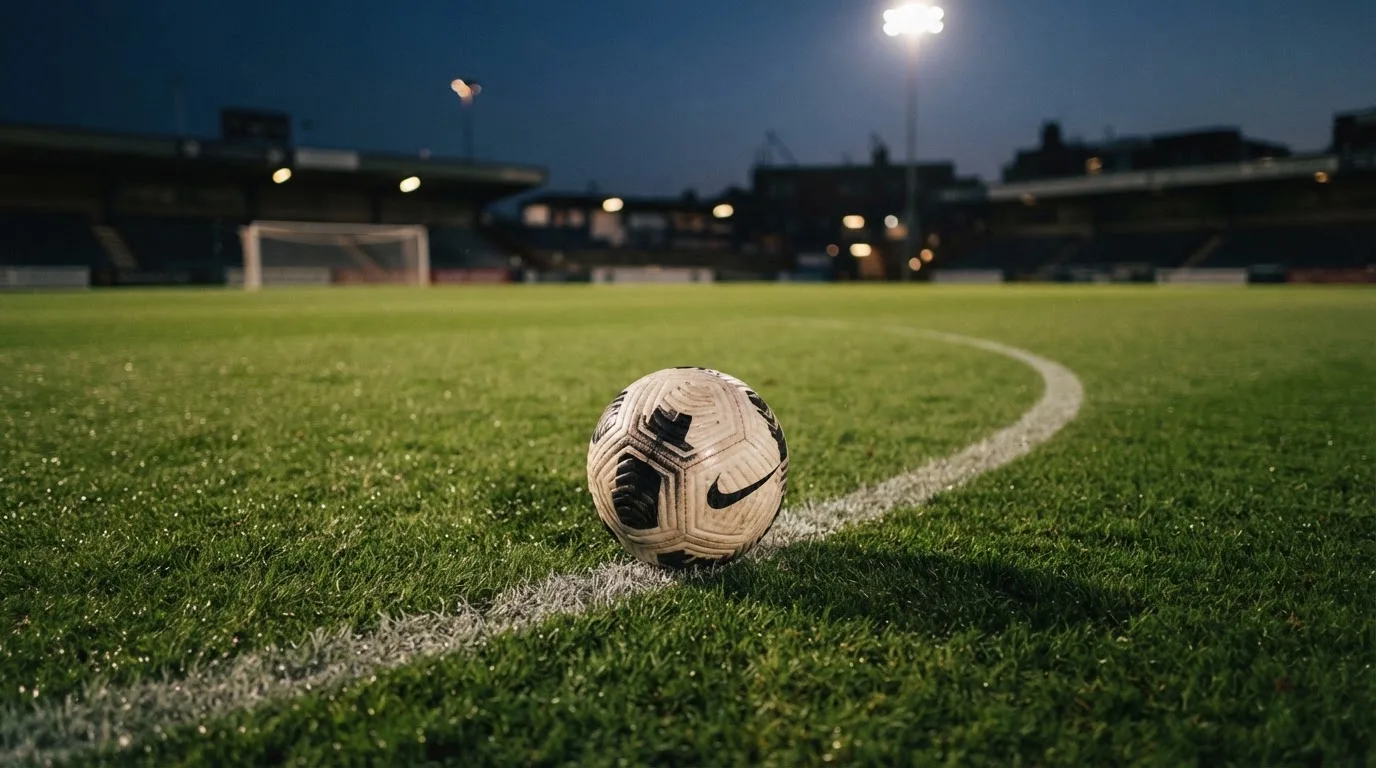 Ein Fußball liegt auf dem Mittelkreis eines leeren Rasenplatzes unter Flutlicht am frühen Abend, die Tribünen sind nur schemenhaft zu erkennen.