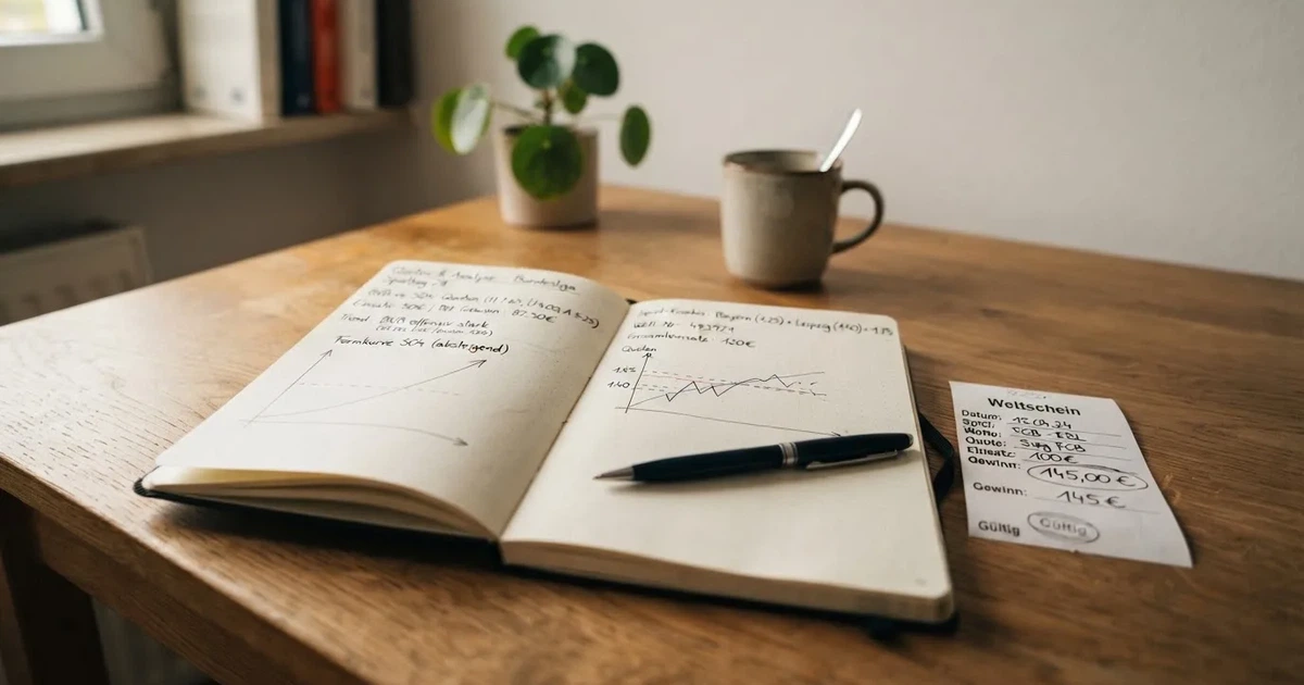 Ein aufgeschlagenes Notizbuch mit handgezeichneten Kurven und Strichen liegt neben einem Taschenrechner auf einem Schreibtisch im Morgenlicht.