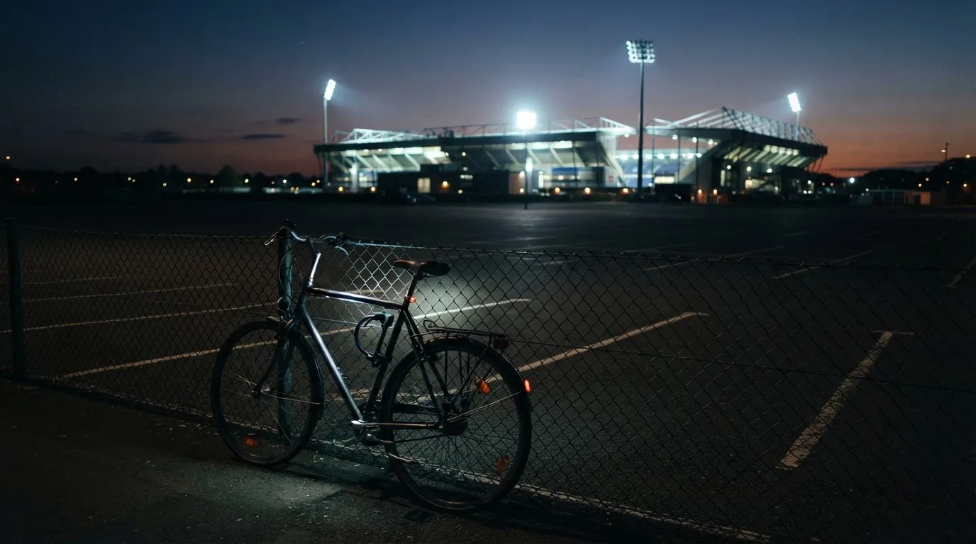 Ein Stadion unter Flutlicht aus der Ferne gesehen, davor ein dunkler Parkplatz und ein einzelnes Fahrrad an einem Zaun.