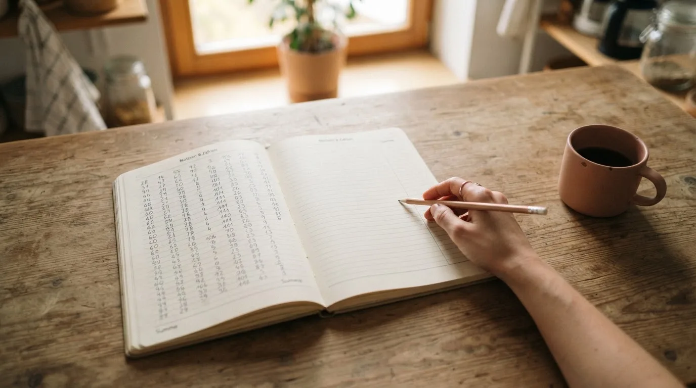 Ein Notizbuch mit handschriftlichen Zahlenreihen und ein Bleistift liegen auf einem Küchentisch neben einer Tasse.