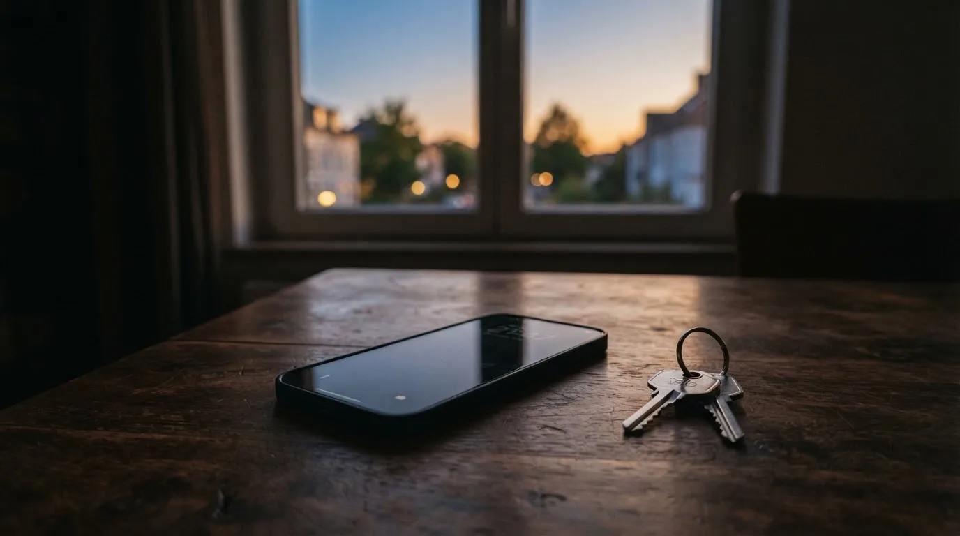 Ein Smartphone mit dunklem Display liegt auf einem Holztisch, daneben ein Schlüsselbund, im Hintergrund ein Fenster mit Abendlicht.