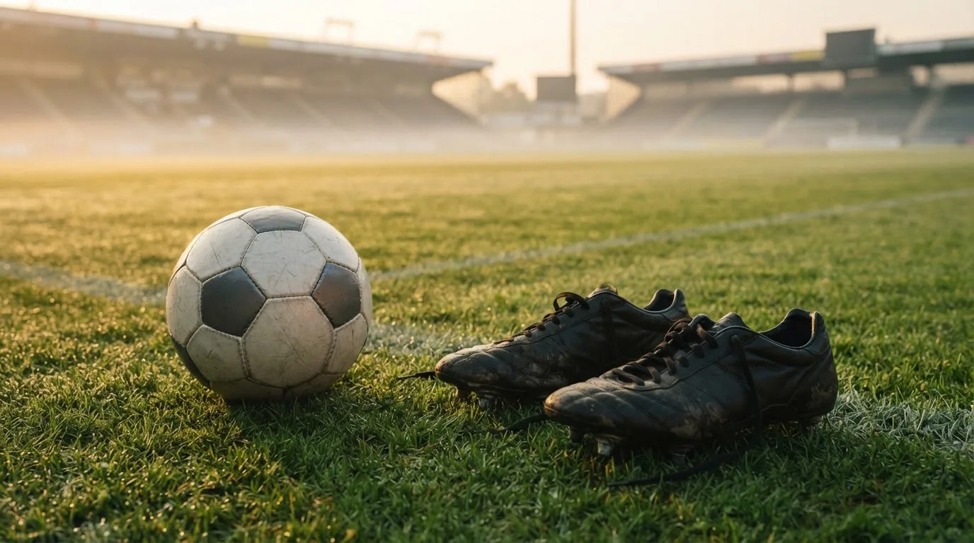 Ein Fußball auf frisch gemähtem Rasen im Morgenlicht, daneben ein Paar Fußballschuhe ohne erkennbare Marke.