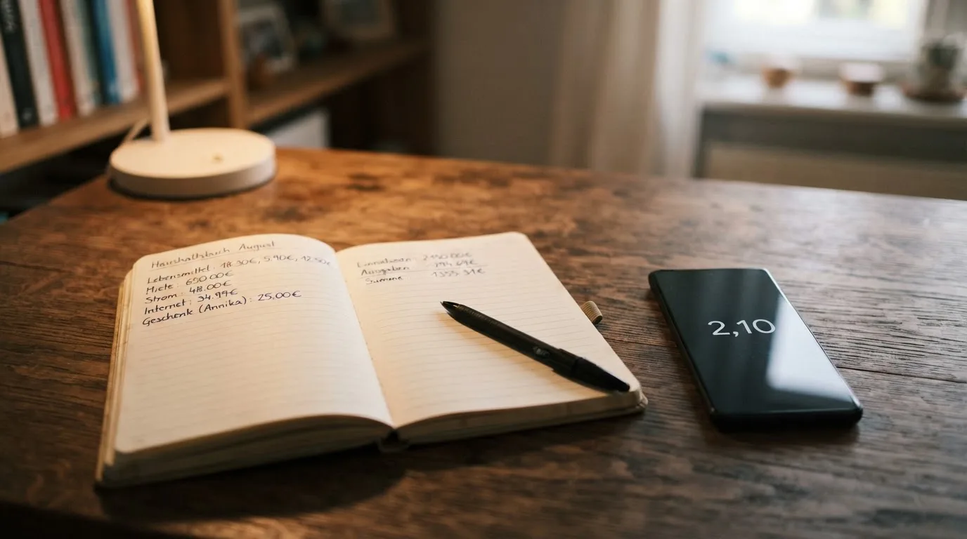 Ein Notizbuch mit handgeschriebenen Zahlen und ein Kugelschreiber liegen auf einem Tisch, daneben ein Smartphone mit schwarzem Bildschirm.