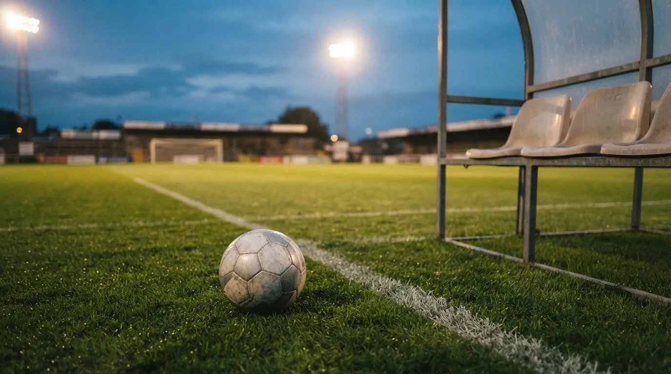 Ein Fußball liegt am Spielfeldrand neben einer leeren Ersatzbank, das Flutlicht über dem Platz leuchtet in der Dämmerung.