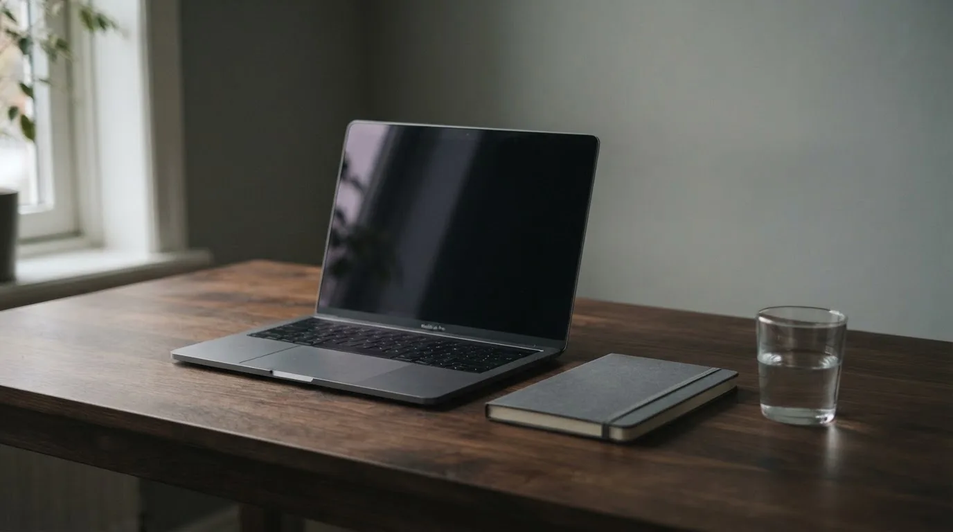 Ein Laptop mit dunklem Bildschirm steht aufgeklappt auf einem Schreibtisch, daneben ein Notizbuch und ein Glas Wasser.
