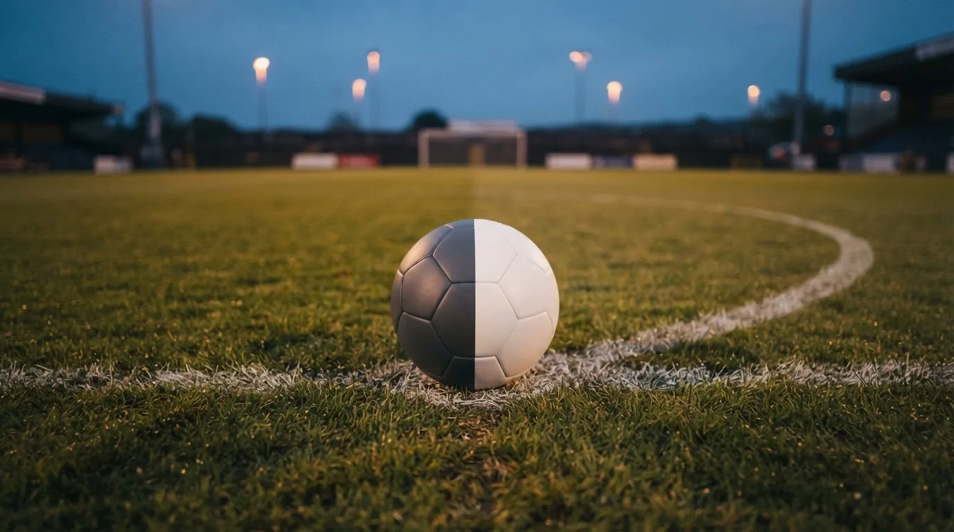 Ein Fußball liegt auf dem Anstoßpunkt eines Rasenplatzes in der Abenddämmerung, Flutlichtmasten stehen unscharf im Hintergrund.