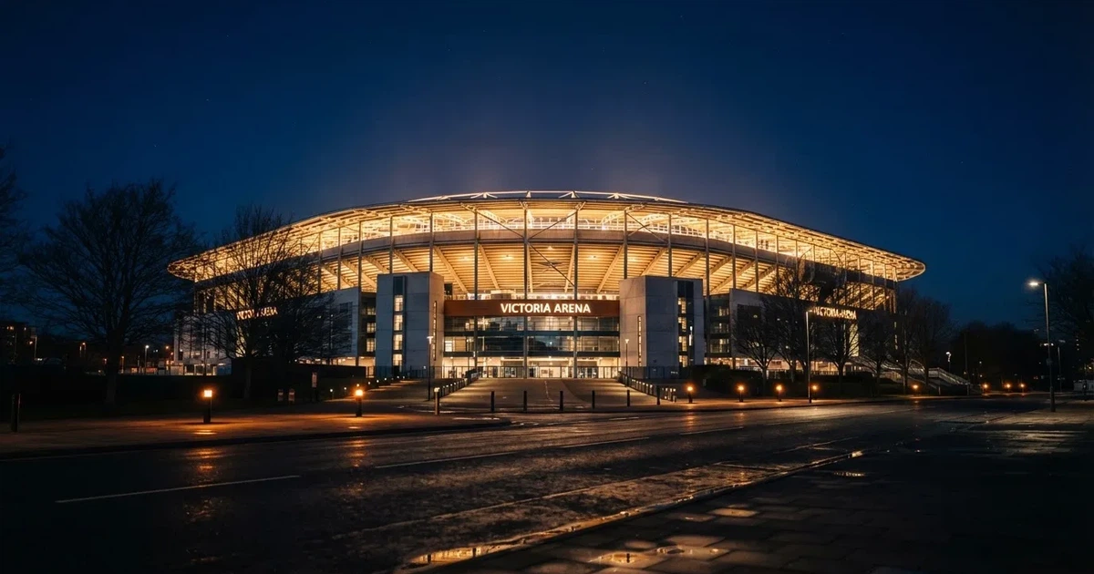 Ein hell erleuchtetes Fußballstadion bei Nacht aus der Ferne gesehen, über dem Dach ein klarer Himmel, davor eine leere Straße.