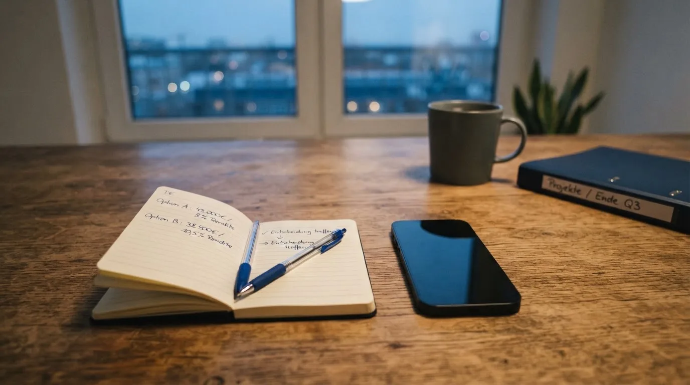 Ein Notizbuch mit handschriftlichen Zahlen liegt neben einem Smartphone mit dunklem Display auf einem Tisch, im Fenster Dämmerlicht.