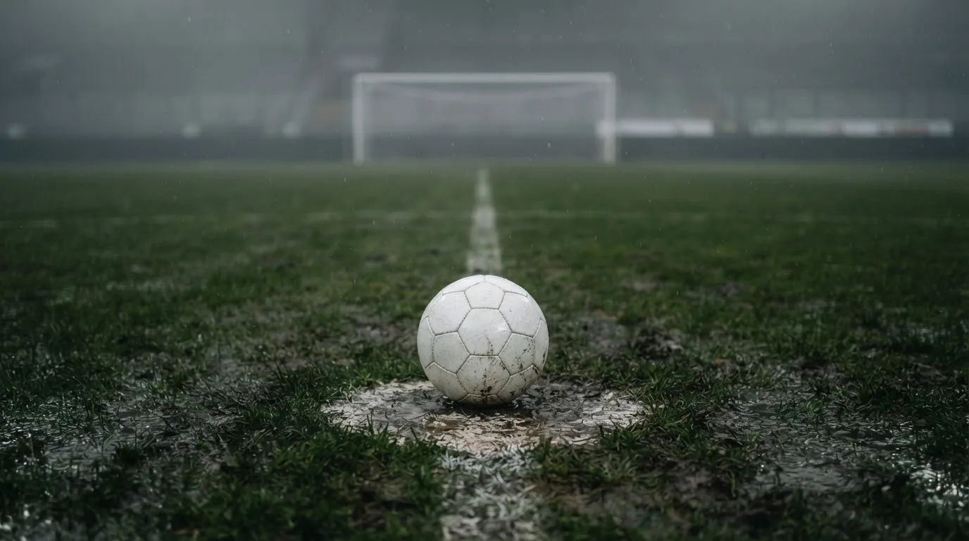 Ein Fußball liegt auf dem Elfmeterpunkt eines nassen Rasenplatzes, im Hintergrund ein leeres Tor im Nebel.