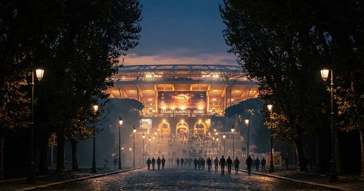 Ein großes Fußballstadion mit hell erleuchtetem Rund, aus der Ferne am Abend gesehen, davor eine breite Allee mit Laternen.