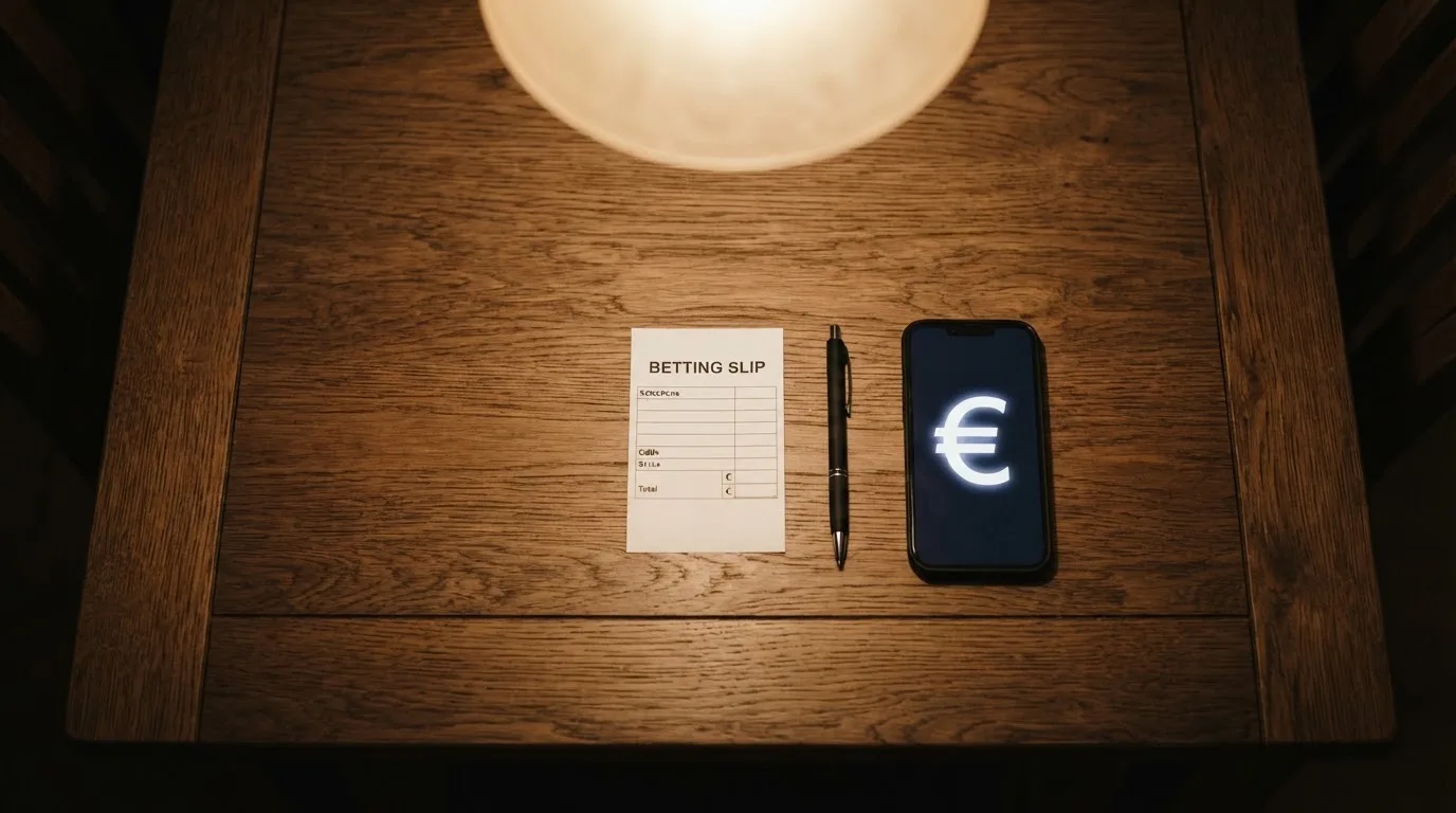 Ein leerer Papier-Wettschein und ein Kugelschreiber liegen auf einem Holztisch neben einem schwarzen Smartphone.