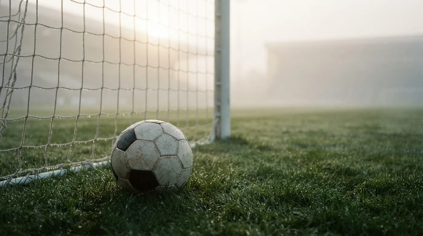 Ein Fußball liegt auf dem Rasen vor einem Tor im Morgennebel, die Netzmaschen sind taufeucht.