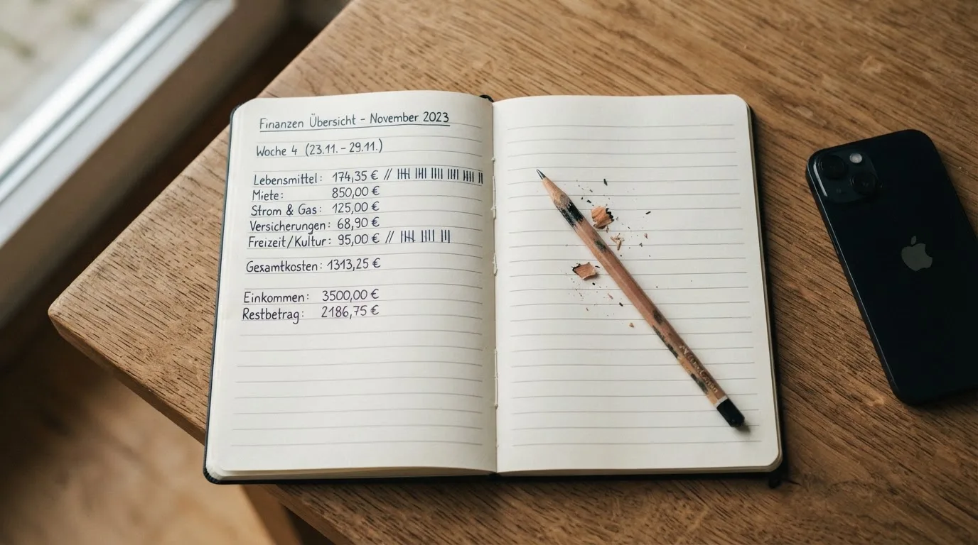 Ein Notizbuch mit handschriftlichen Zahlenreihen liegt neben einem Bleistift und einem Smartphone mit dunklem Display auf einem Tisch.