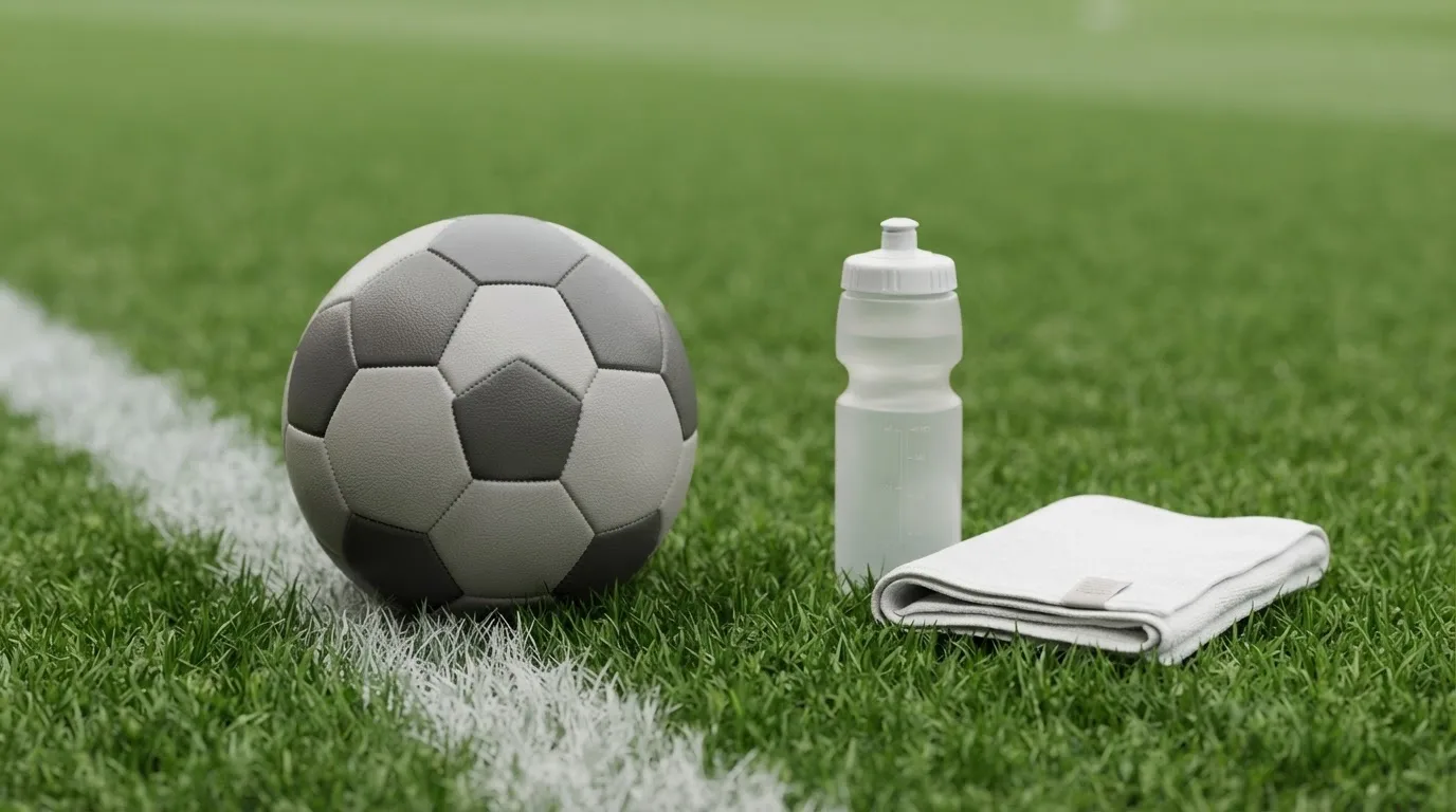 Ein Fußball auf einer Wiese neben der Seitenlinie, daneben eine Trinkflasche ohne Aufdruck und ein Handtuch.