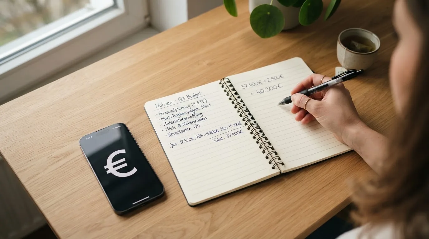 Ein Notizbuch mit handschriftlichen Notizen und ein Taschenrechner liegen auf einem Schreibtisch neben einem Smartphone mit dunklem Display.