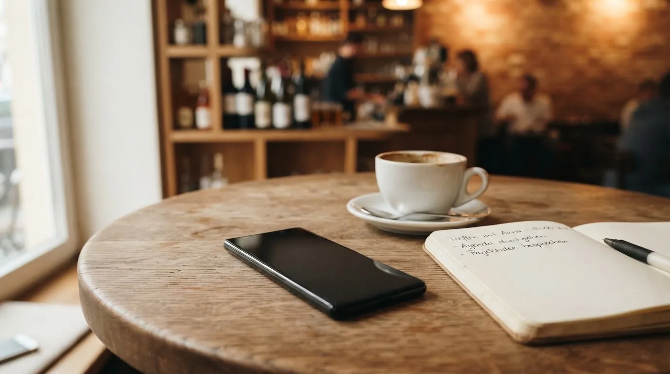 Ein Smartphone liegt mit schwarzem Display neben einer Kaffeetasse und einem Notizblock auf einem Café-Tisch.