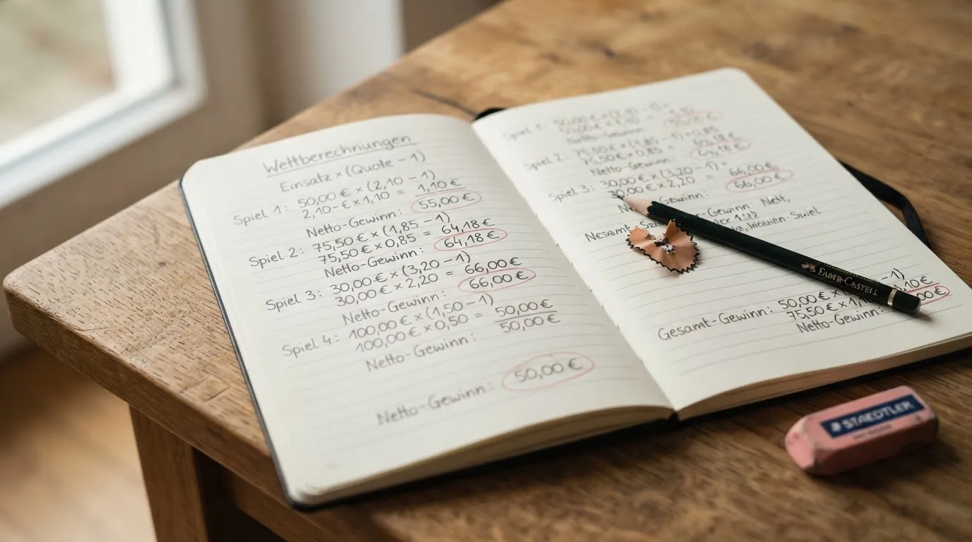 Ein Notizbuch mit handschriftlichen Multiplikationen liegt aufgeschlagen auf einem Holztisch, daneben ein Bleistift und ein Radiergummi.