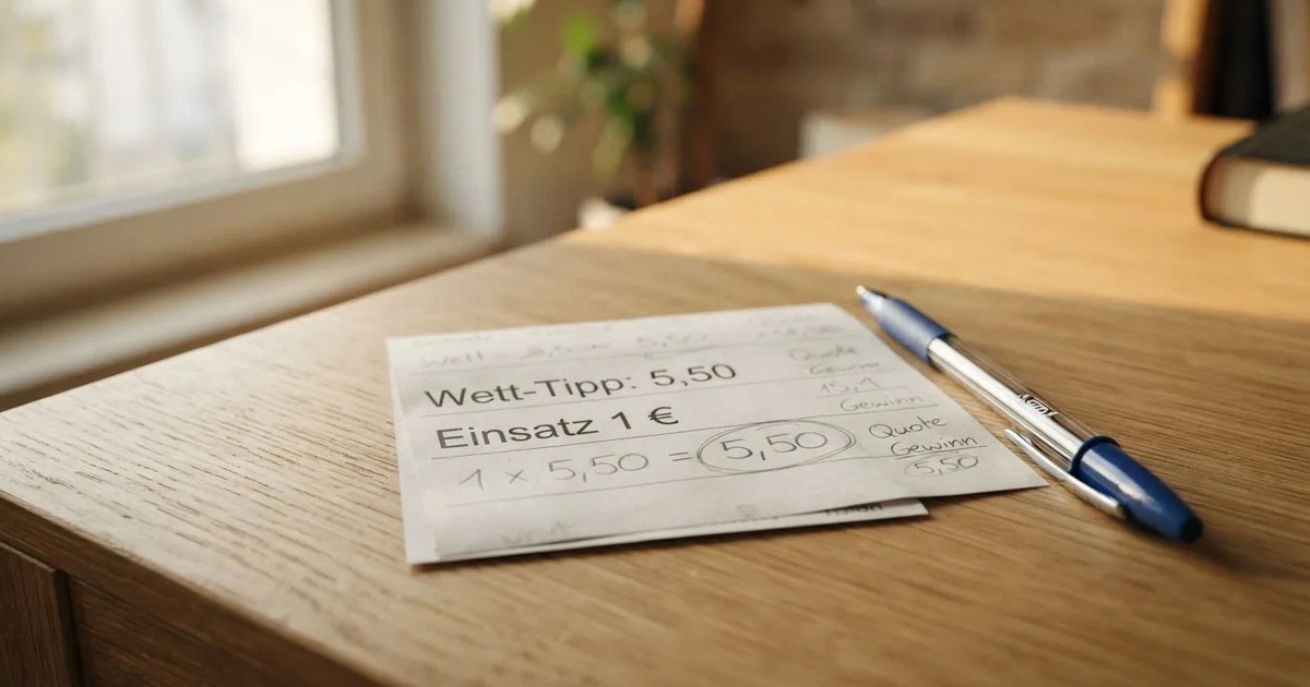 Ein Taschenrechner liegt auf einem leeren Papier-Wettschein neben einem Kugelschreiber auf einem hellen Schreibtisch.