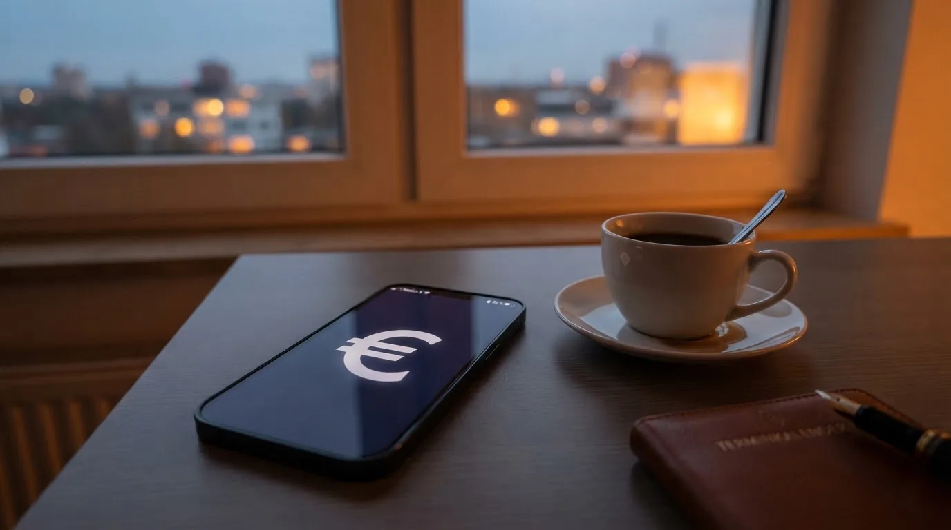 Ein Smartphone mit dunklem Display liegt neben einer Kaffeetasse auf einem Schreibtisch, durch das Fenster fällt Abendlicht.