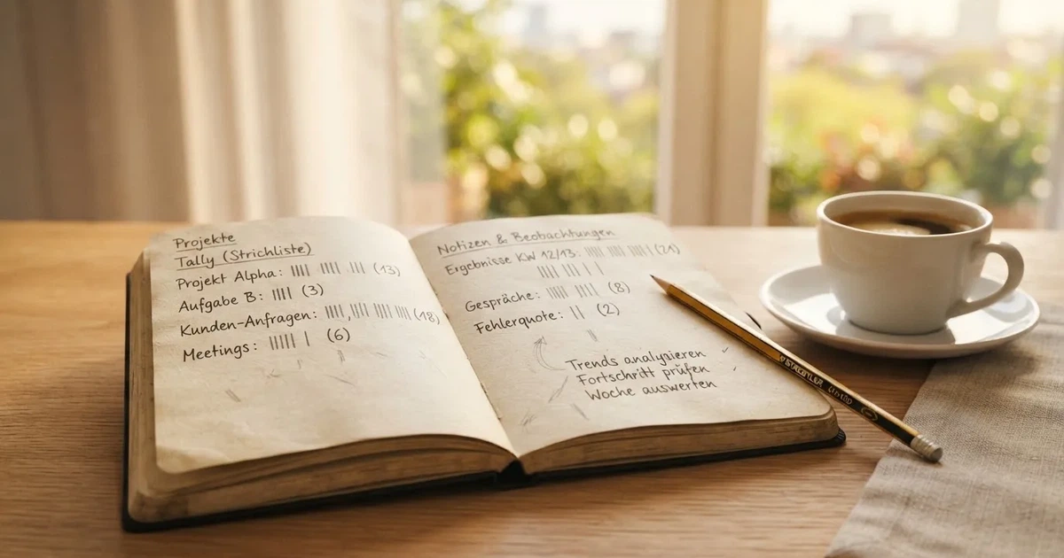 Ein aufgeschlagenes Notizbuch mit handgezeichneten Spalten und Strichen liegt neben einem Bleistift und einer Kaffeetasse auf einem Tisch am Morgen.