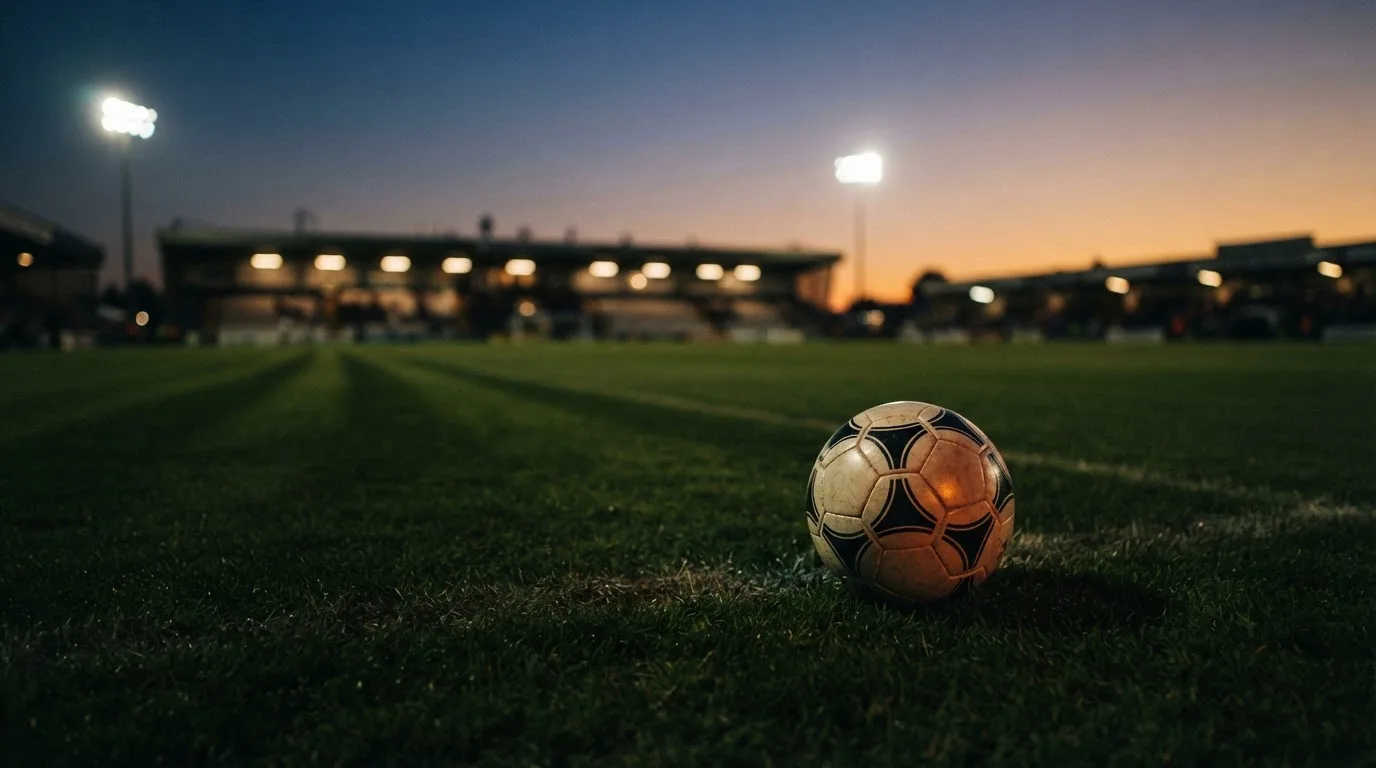 Ein Fußball liegt auf einem Rasenplatz in der Dämmerung, im Hintergrund ein ferner Stadionrand unter Flutlicht.