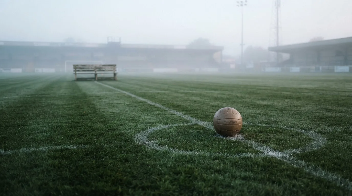 Ein Fußball liegt in der Mitte eines leeren Rasenplatzes im Morgennebel, am Rand steht eine einzelne Auswechselbank.