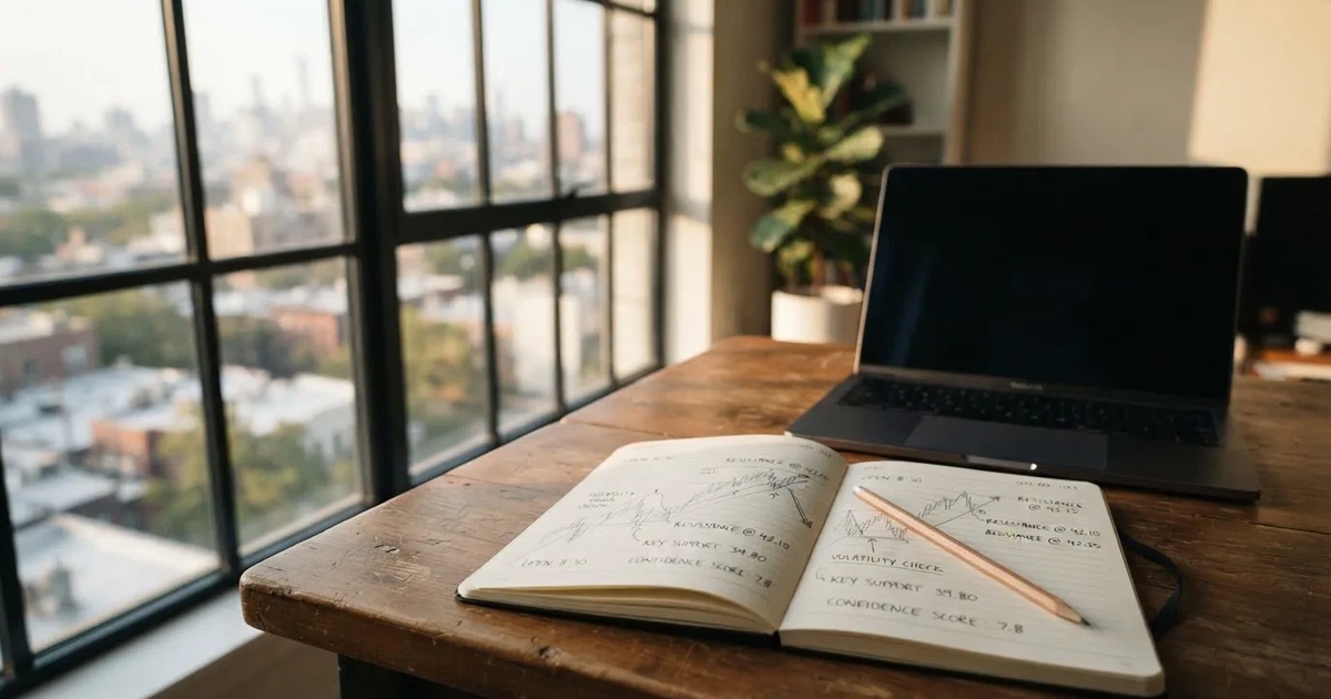 Ein Laptop-Bildschirm bleibt dunkel, davor ein Notizbuch mit handgezeichneten Kurven und ein Bleistift auf einem Schreibtisch am Fenster.