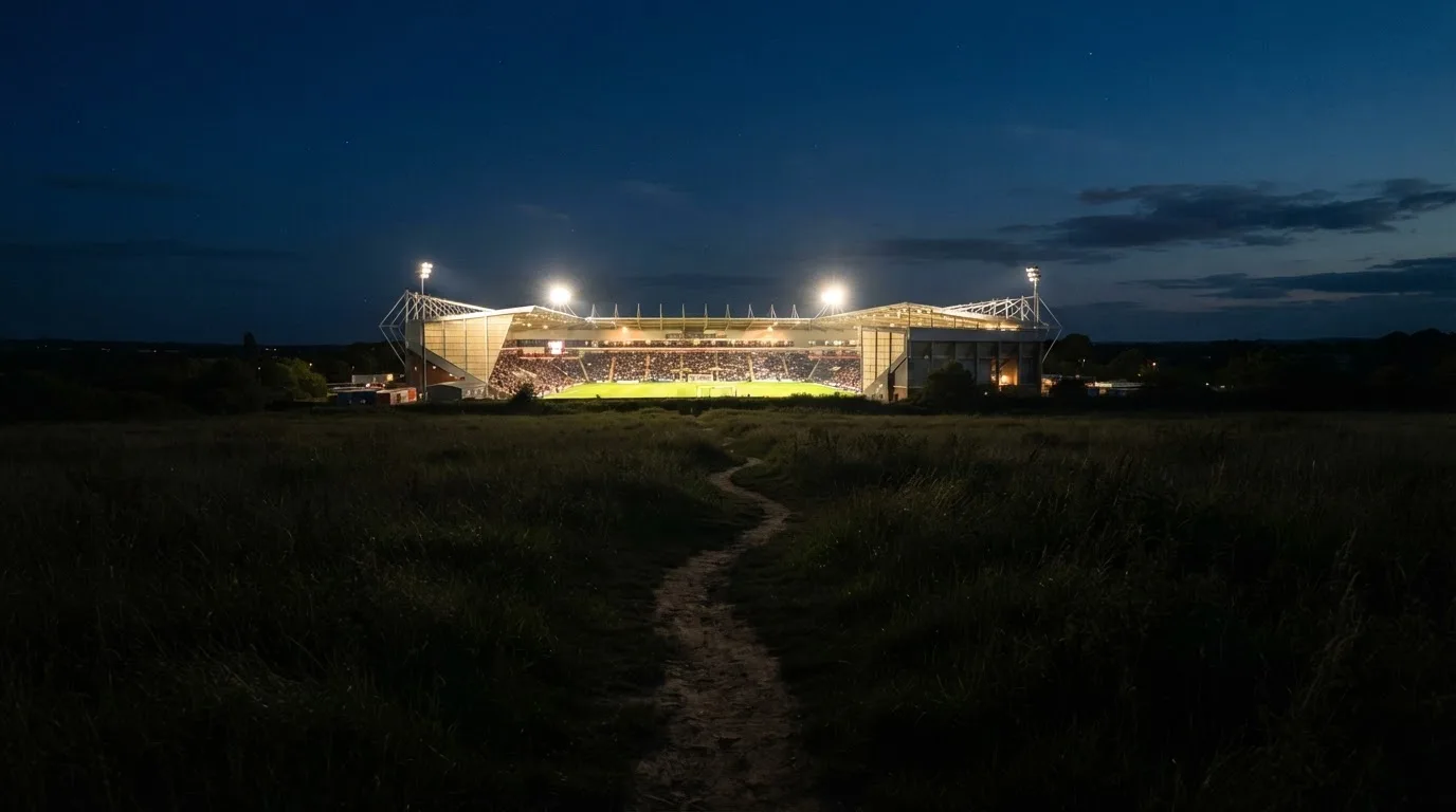 Ein Stadion unter Flutlicht von weitem gesehen, davor ein Feld und ein Feldweg im Dunkeln.